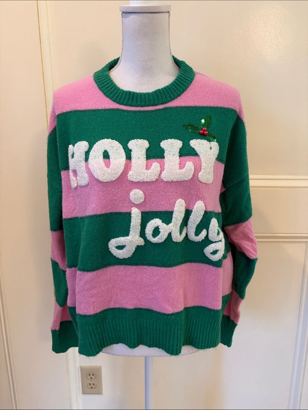Festive 'Holly Jolly' Striped Crewneck Sweater - Green & Pink